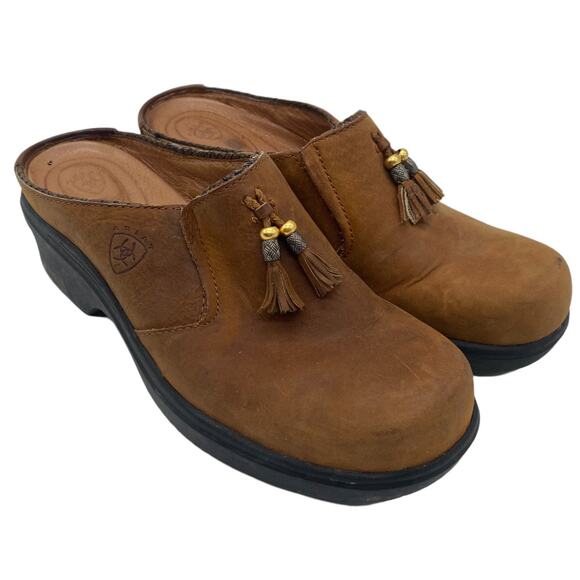 Ariat Women's Leather Tassels Mule Brown Size 8B EUC Slip On Clogs Gold Accent - Picture 1 of 9